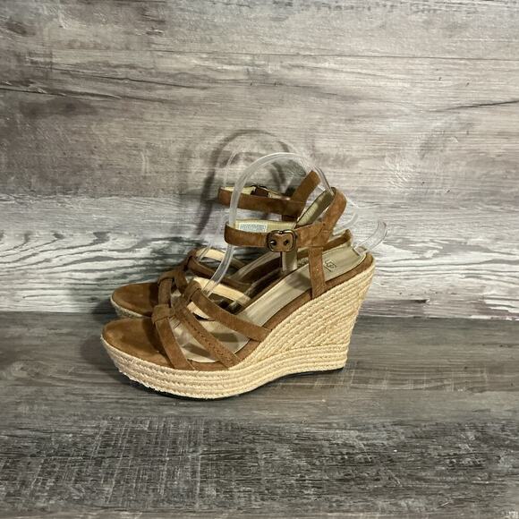 UGG Suede Espadrille Wedge Sandals Tan Brown Size 10 - Picture 3 of 12
